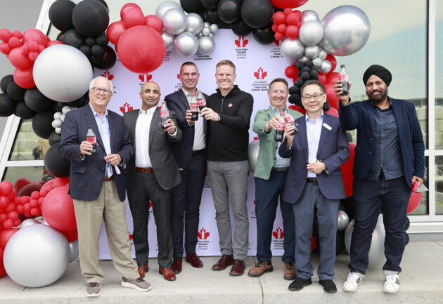 Malcolm Brodie, Richmond Mayor; Parm Bains, MP for Steveston—Richmond East; MU Justin Emerson, general manager - Vancouver Coastal, Coke Canada Bottling; Mark Scholtes, COO, Coke Canada Bottling COO; Trevor Lamb, VP of west operating unit, Coke Canada Bottling; Chak Au, Richmond City councillor, Aman Singh, MLA for Richmond—Queensborough at the inaugural ceremony.